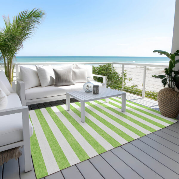 3' X 5' Lime Green and White Striped Washable Indoor Outdoor Area Rug