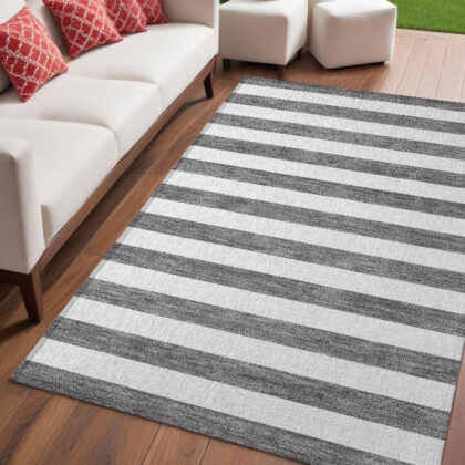 5' X 8' Charcoal Striped Washable Non Skid Indoor Outdoor Area Rug