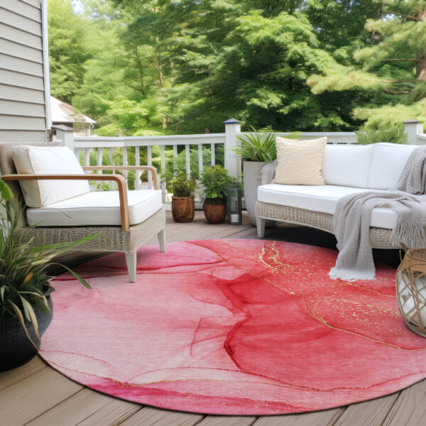 8' Round Pink Round Abstract Washable Non Skid Indoor Outdoor Area Rug