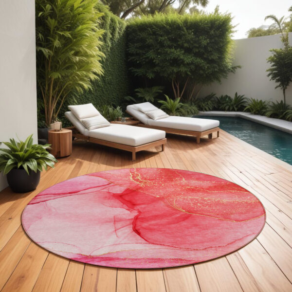 8' Round Pink Round Abstract Washable Non Skid Indoor Outdoor Area Rug