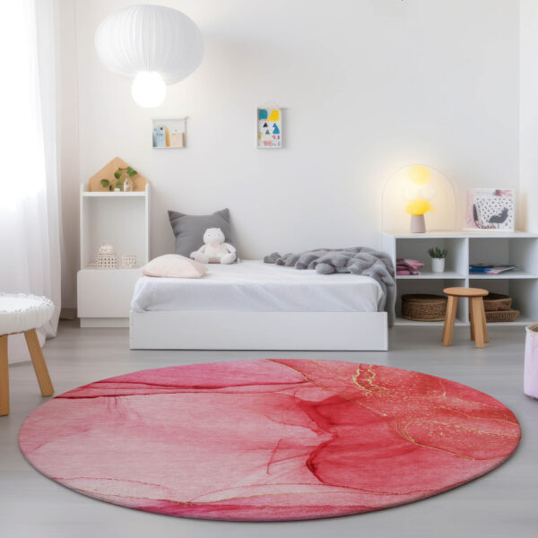 8' Round Pink Round Abstract Washable Non Skid Indoor Outdoor Area Rug