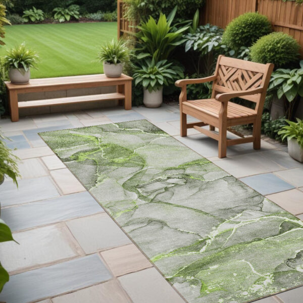 8' Runner Green Abstract Washable Non Skid Indoor Outdoor Runner Rug