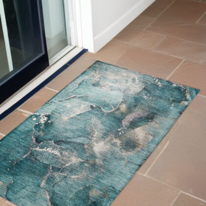 2' X 3' Teal Abstract Washable Non Skid Indoor Outdoor Area Rug