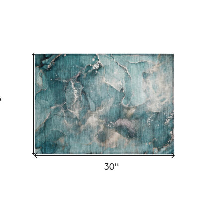 2' X 3' Teal Abstract Washable Non Skid Indoor Outdoor Area Rug
