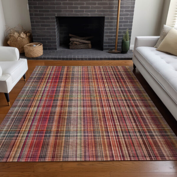 10' X 14' Red Orange and Brown Plaid Washable Non Skid Indoor Outdoor Area Rug