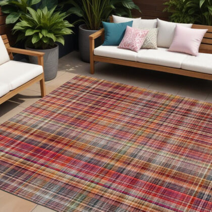 10' X 14' Red Orange and Brown Plaid Washable Non Skid Indoor Outdoor Area Rug