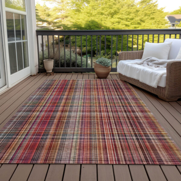 10' X 14' Red Orange and Brown Plaid Washable Non Skid Indoor Outdoor Area Rug