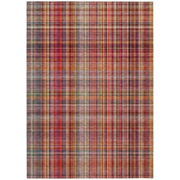 10' X 14' Red Orange and Brown Plaid Washable Non Skid Indoor Outdoor Area Rug