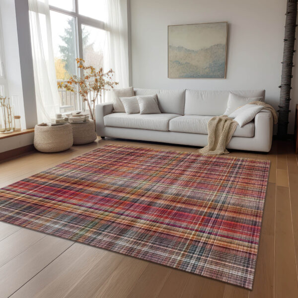 10' X 14' Red Orange and Brown Plaid Washable Non Skid Indoor Outdoor Area Rug