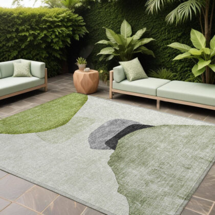 9' X 12' Green Black and Gray Abstract Washable Non Skid Indoor Outdoor Area Rug