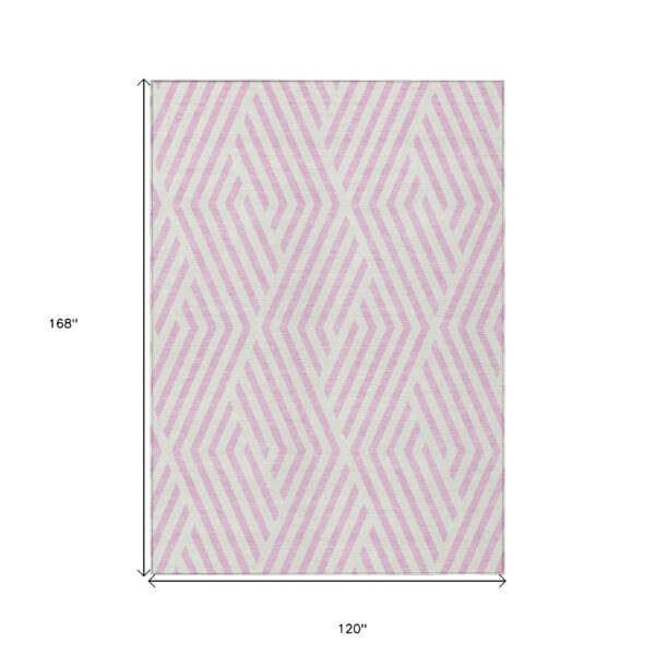 10' X 14' Pink and White Geometric Washable Non Skid Indoor Outdoor Area Rug