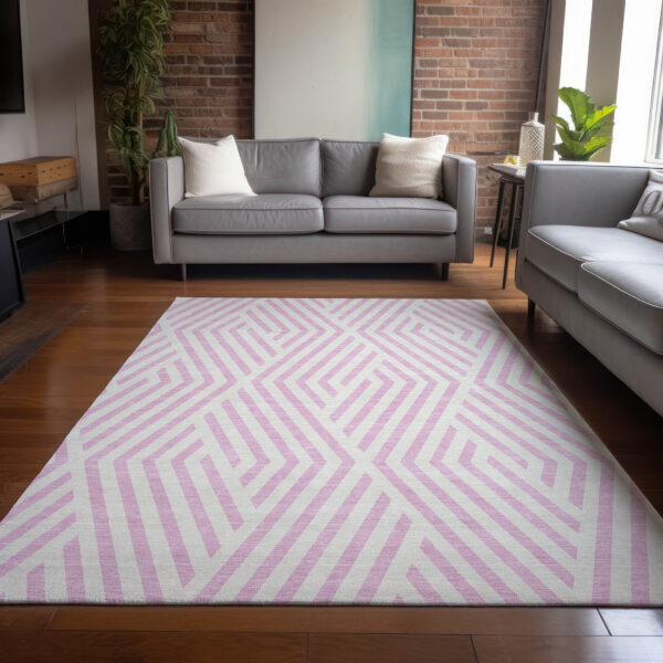 10' X 14' Pink and White Geometric Washable Non Skid Indoor Outdoor Area Rug
