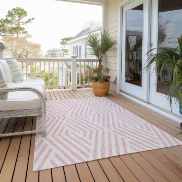 10' X 14' Pink and White Geometric Washable Non Skid Indoor Outdoor Area Rug