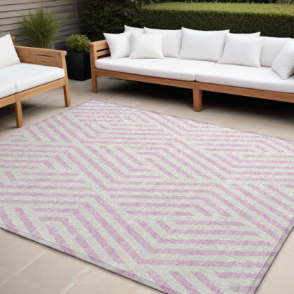 10' X 14' Pink and White Geometric Washable Non Skid Indoor Outdoor Area Rug
