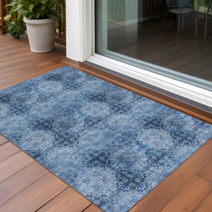2' X 3' Navy Blue Floral Medallion Washable Non Skid Indoor Outdoor Area Rug