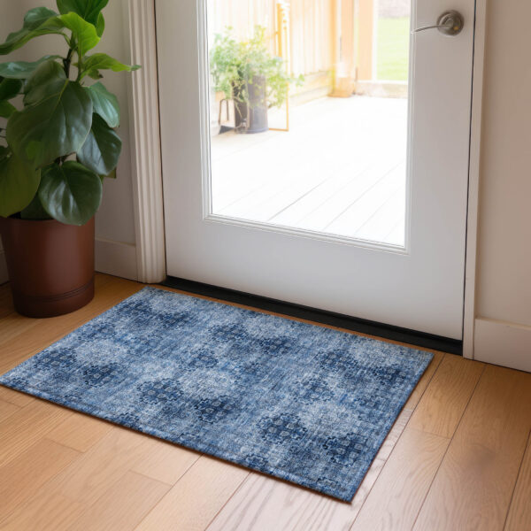 2' X 3' Navy Blue Floral Medallion Washable Non Skid Indoor Outdoor Area Rug