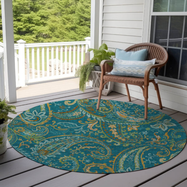 8' Round Teal Round Paisley Washable Non Skid Indoor Outdoor Area Rug