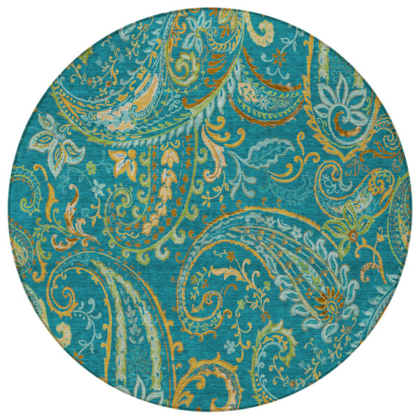 8' Round Teal Round Paisley Washable Non Skid Indoor Outdoor Area Rug