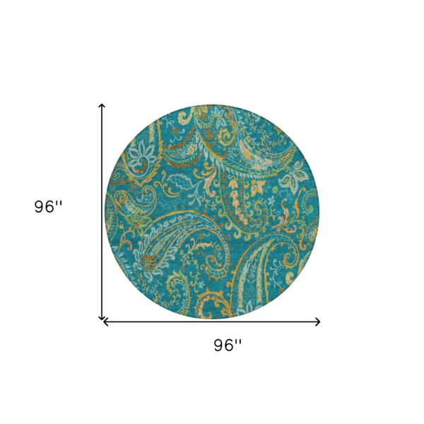 8' Round Teal Round Paisley Washable Non Skid Indoor Outdoor Area Rug