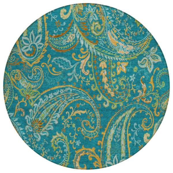 8' Round Teal Round Paisley Washable Non Skid Indoor Outdoor Area Rug