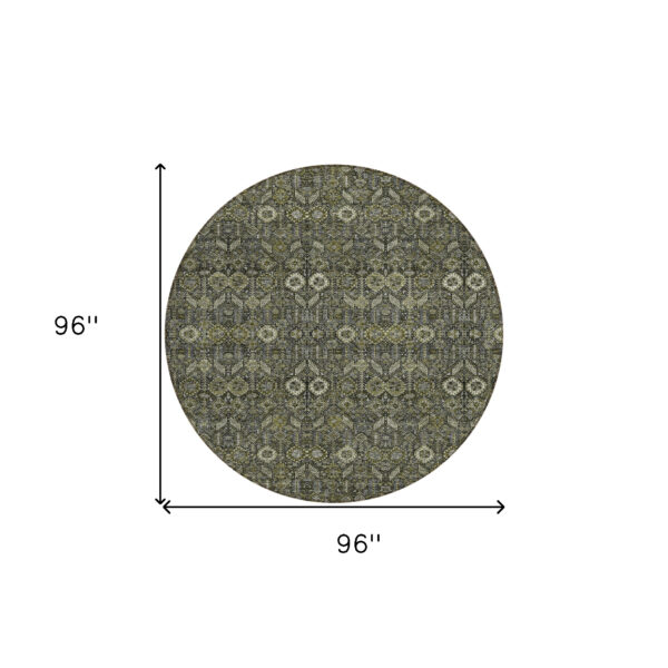 8' Round Moss Green and Gray Round Floral Washable Non Skid Indoor Outdoor Area Rug