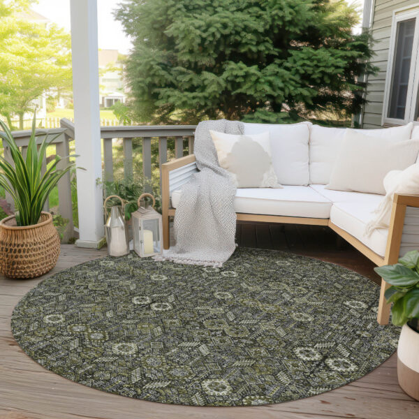 8' Round Moss Green and Gray Round Floral Washable Non Skid Indoor Outdoor Area Rug