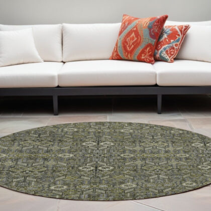 8' Round Moss Green and Gray Round Floral Washable Non Skid Indoor Outdoor Area Rug