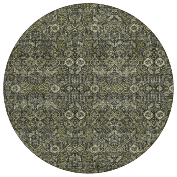 8' Round Moss Green and Gray Round Floral Washable Non Skid Indoor Outdoor Area Rug