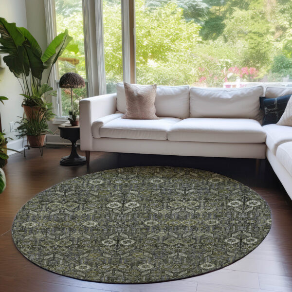 8' Round Moss Green and Gray Round Floral Washable Non Skid Indoor Outdoor Area Rug