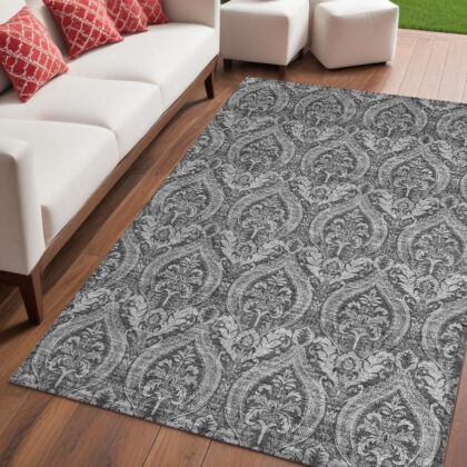 5' X 8' Gray Damask Washable Non Skid Indoor Outdoor Area Rug