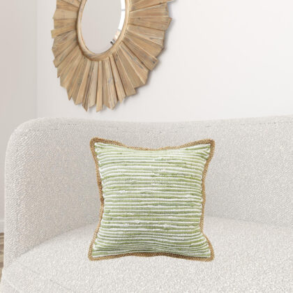 20" X 20" Sweet Pea Green, White And Tan 100% Cotton Striped Zippered Pillow