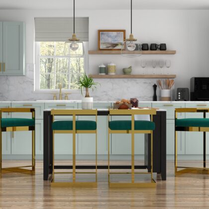 26" Green and Gold Velvet and Stainless Steel Backless Bar Height Bar Chair