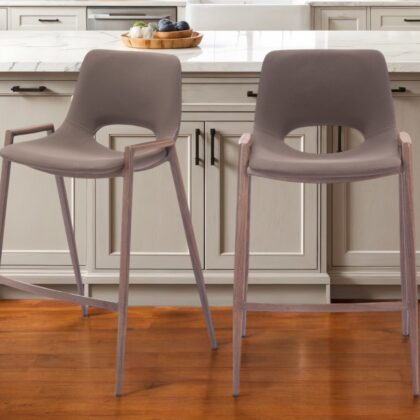 Set of Two 26" Brown Faux Leather And Steel Low Back Counter Height Bar Chairs