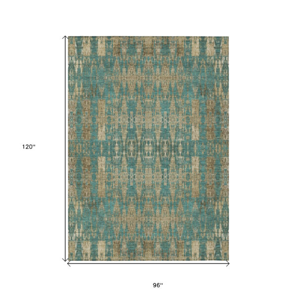 8' X 10' Teal Blue Taupe And Beige Moroccan Washable Indoor Outdoor Area Rug