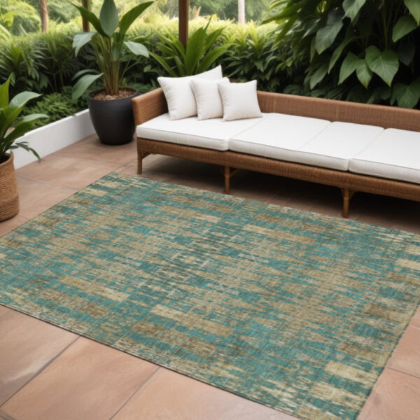 8' X 10' Teal Blue Taupe And Beige Moroccan Washable Indoor Outdoor Area Rug