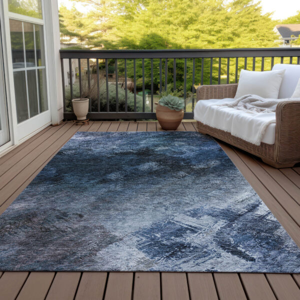10' X 14' Navy Blue And Denim Blue Abstract Washable Indoor Outdoor Area Rug