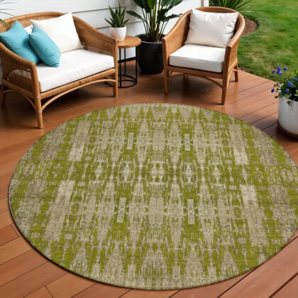 8' Olive Green Taupe And Beige Round Moroccan Washable Indoor Outdoor Area Rug