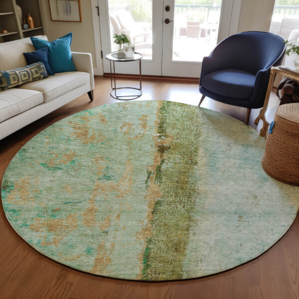 8' Green Olive Green And Blue Round Abstract Washable Indoor Outdoor Area Rug