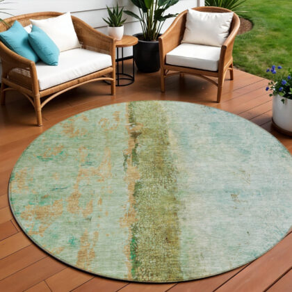 8' Green Olive Green And Blue Round Abstract Washable Indoor Outdoor Area Rug
