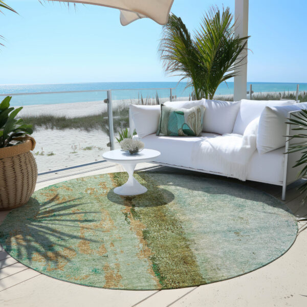 8' Green Olive Green And Blue Round Abstract Washable Indoor Outdoor Area Rug
