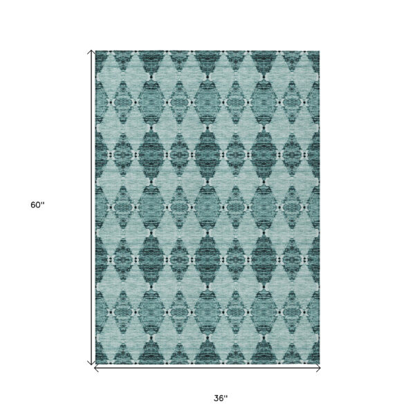 3' X 5' Teal Blue Aqua And Charcoal Moroccan Washable Indoor Outdoor Area Rug