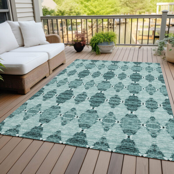3' X 5' Teal Blue Aqua And Charcoal Moroccan Washable Indoor Outdoor Area Rug