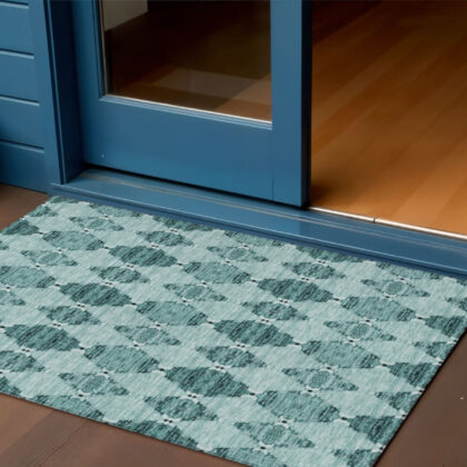 3' X 5' Teal Blue Aqua And Charcoal Moroccan Washable Indoor Outdoor Area Rug