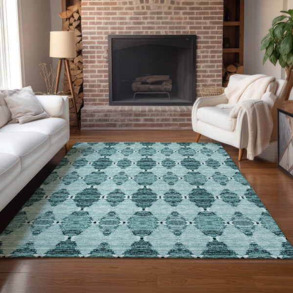 3' X 5' Teal Blue Aqua And Charcoal Moroccan Washable Indoor Outdoor Area Rug