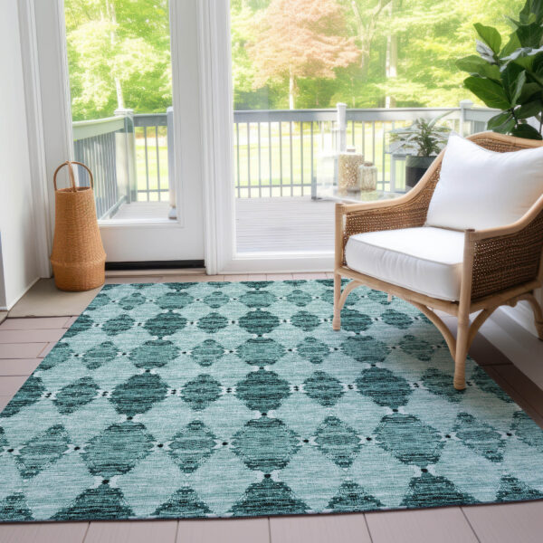 3' X 5' Teal Blue Aqua And Charcoal Moroccan Washable Indoor Outdoor Area Rug