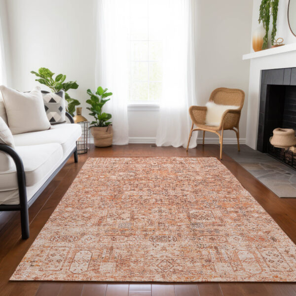 8' X 10' Salmon Orange And Gray Floral Washable Indoor Outdoor Area Rug