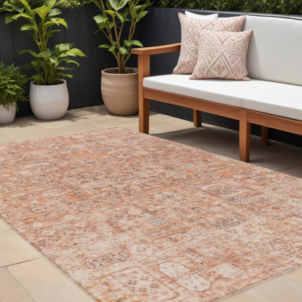 8' X 10' Salmon Orange And Gray Floral Washable Indoor Outdoor Area Rug