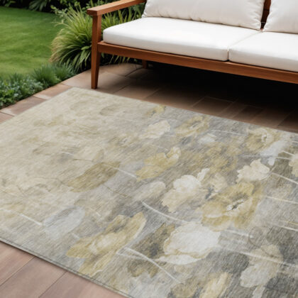 10' X 14' Beige Taupe And Wheat Floral Washable Indoor Outdoor Area Rug