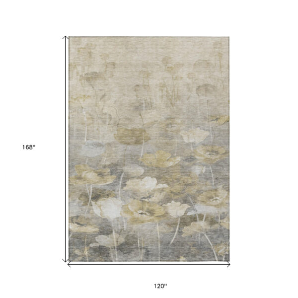 10' X 14' Beige Taupe And Wheat Floral Washable Indoor Outdoor Area Rug