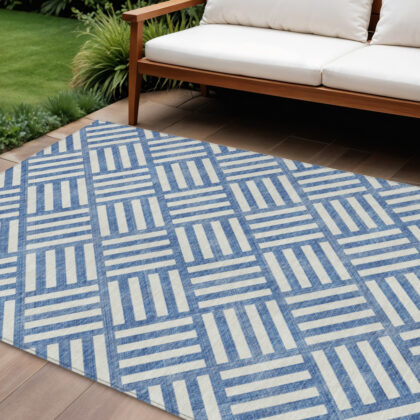 9' X 12' Blue And Ivory Geometric Washable Indoor Outdoor Area Rug